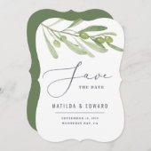 モダンでミニマルなオリーブの枝のグリーンが美しいウェディング 案内状 (正面/裏面)
