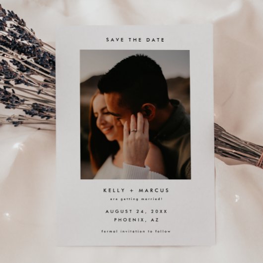 モダンでミニマルなオーダーメイドの2枚の写真の結婚式 セーブザデート