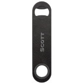 モダンでモノグラムので黒い革質の一見 スピード栓抜き (正面)