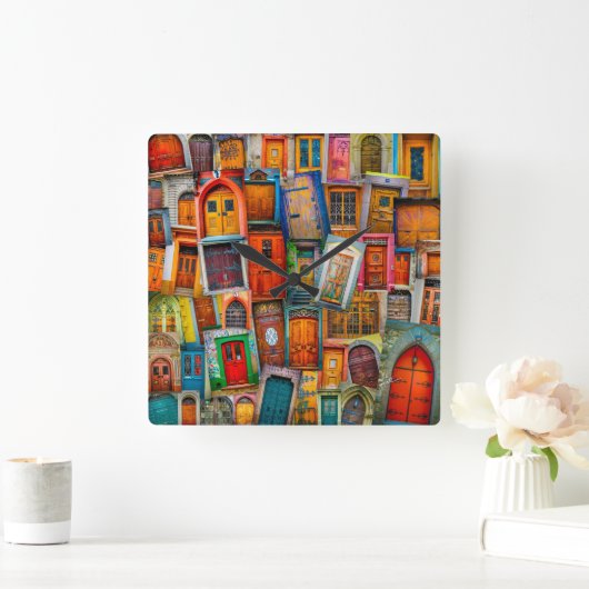 モダンでユニークなヴィンテージのドアの芸術の写真撮影 スクエア壁時計 (ホーム)