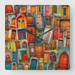 モダンでユニークなヴィンテージのドアの芸術の写真撮影 スクエア壁時計