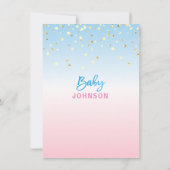 モダンでユニークな性は金ゴールドのベビーシャワーのパーティーを明らかにします 招待状 (裏面)