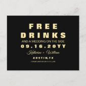 モダンでユーモアのある無料ドリンク付きウェディングの「保存してね」カード 案内ポストカード (正面)