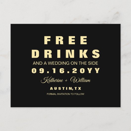 モダンでユーモアのある無料ドリンク付きウェディングの「保存してね」カード 案内ポストカード (正面)
