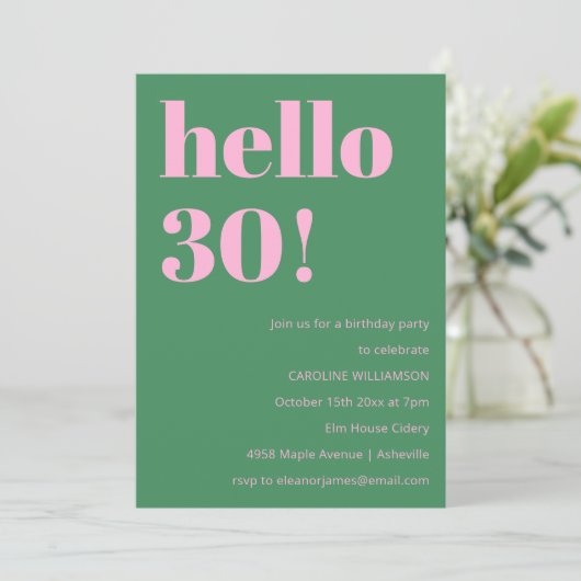 モダンでレトロなピンクとグリーンの30歳の誕生日 招待状 (スタンド正面)