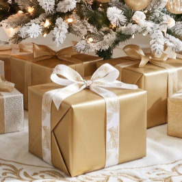 モダンで上品なゴールドとホワイトの植物モチーフのクリスマス サテンリボン