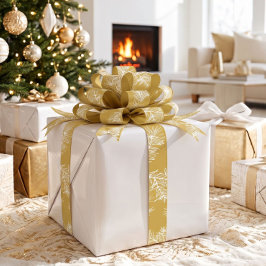モダンで上品なゴールドとホワイトの植物柄クリスマス サテンリボン
