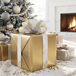 モダンで上品なゴールド ホワイトの植物 Christmas サテンリボン
