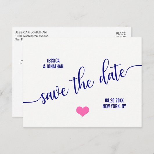 モダンで上品な濃紺のピンクの結婚式の保存日付 案内ポストカード (正面/裏面)