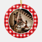 モダンで上品な赤格子柄のクリスマス家族写真 セラミックオーナメント (正面)