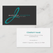 モダンで及びシンプルなティール（緑がかった色）の青いモノグラムのプロフェッショナル 名刺 (正面/裏面)