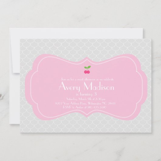 モダンで及び甘いさくらんぼの招待状-ピンクおよび灰色 招待状 (正面)