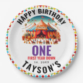 モダンで可愛いサーカスカーニバル1歳の誕生日 ペーパープレート (正面)