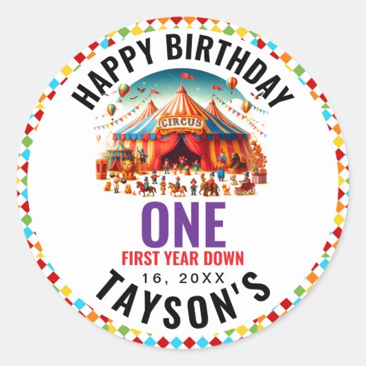 モダンで可愛いサーカスパーティーの1歳の誕生日 ラウンドシール (正面)
