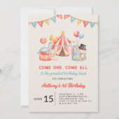 モダンで可愛いサーカスフィエスタの1歳の誕生日 招待状 (正面)