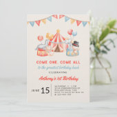 モダンで可愛いサーカスフィエスタの1歳の誕生日 招待状 (スタンド正面)