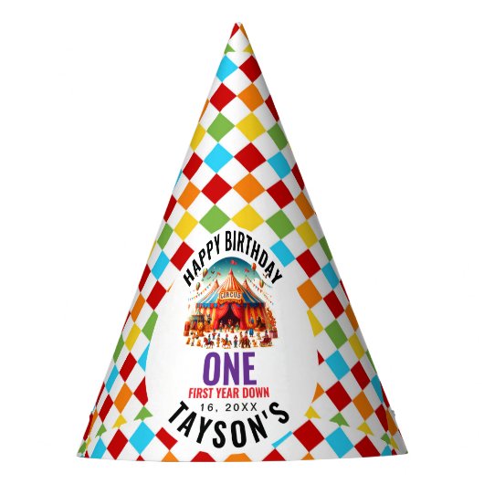 モダンで可愛いサーカス・カーニバル 1歳の誕生日 パーティーハット (正面)