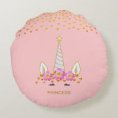 モダンで可愛いユニコーン、花と金の紙吹雪 ラウンドクッション (裏面)