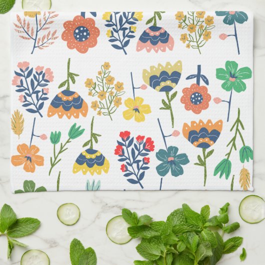 モダンで可愛らしい植物柄 ピンク ブルー イエロー キッチンタオル (折り畳み)