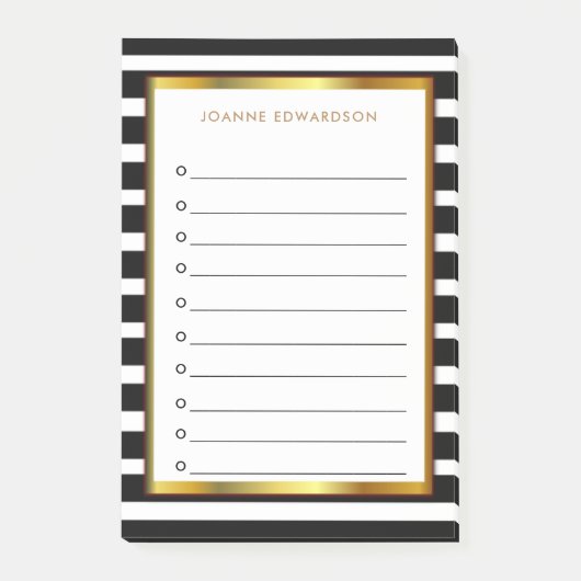 モダンで名前入りな白黒のストライブ柄の金ゴールド ポストイット (正面)