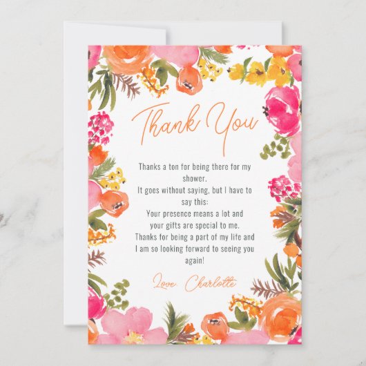 モダンで大胆なオレンジの花のスクリプト ブライダルシャワー サンキューカード (正面)