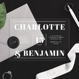 モダンで大胆なホワイトの水平ウェディング アクリル招待状