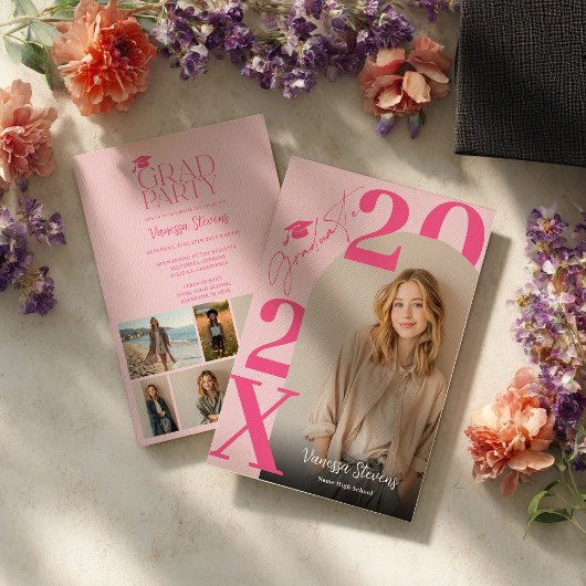モダンで大胆なレトロピンクのトレンディな卒業写真6枚 招待状