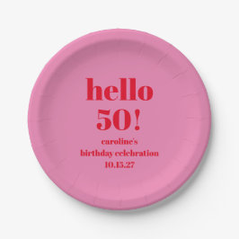 モダンで大胆な明るいピンクとレッドの50歳の誕生日カスタムデザイン ペーパープレート