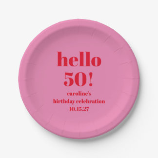 モダンで大胆な明るいピンクとレッドの50歳の誕生日カスタムデザイン ペーパープレート