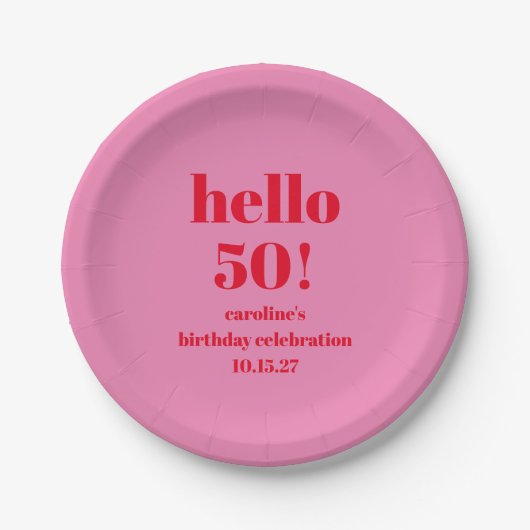 モダンで大胆な明るいピンクとレッドの50歳の誕生日カスタムデザイン ペーパープレート (正面)