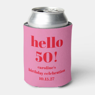 モダンで大胆な明るいピンクとレッドの50歳の誕生日カスタムデザイン 缶クーラー