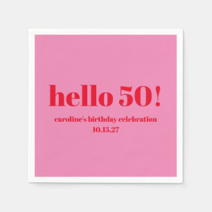 モダンで大胆な明るいピンクの赤い50歳の誕生日カスタムデザイン スタンダードカクテルナプキン