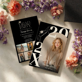 モダンで大胆な白と黒のトレンディな6枚の写真の卒業パーティー 招待状