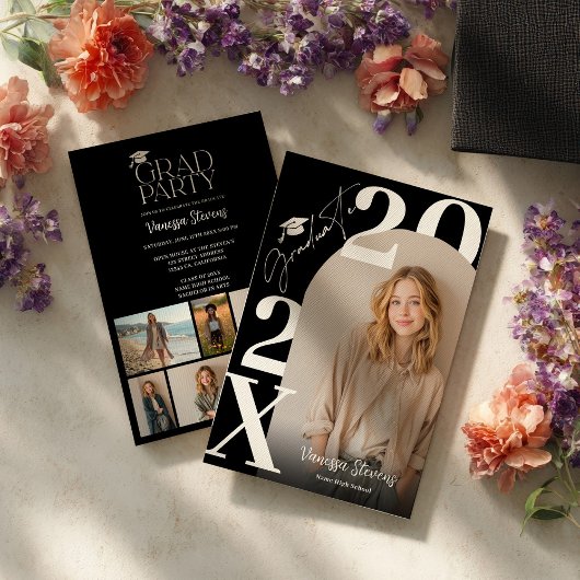 モダンで大胆な白と黒のトレンディな6枚の写真の卒業パーティー 招待状