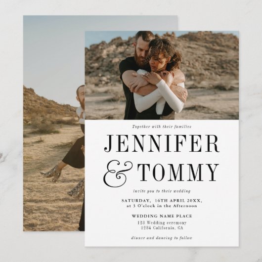 モダンで大胆な秋のブラック＆ホワイトの写真ウェディング 招待状 (正面/裏面)