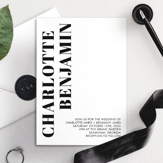 モダンで大胆な黒と白のミニマルウェディング 招待状