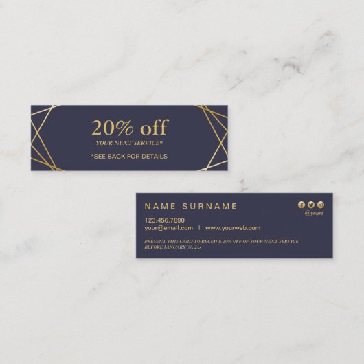 モダンで幾何学的なパターン小型割引クーポンカード スキニー名刺 (正面/裏面)