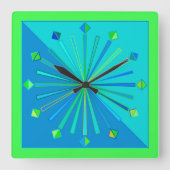 モダンで幾何学的な日が差すこと、ターコイズ及びライムグリーン スクエア壁時計 (正面)