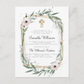 モダンで幾何学的な花の十字の洗礼の招待状 ポストカード (正面)