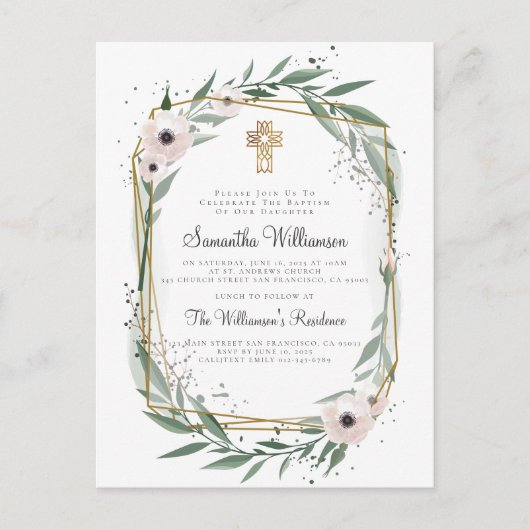 モダンで幾何学的な花の十字の洗礼の招待状 ポストカード (正面)