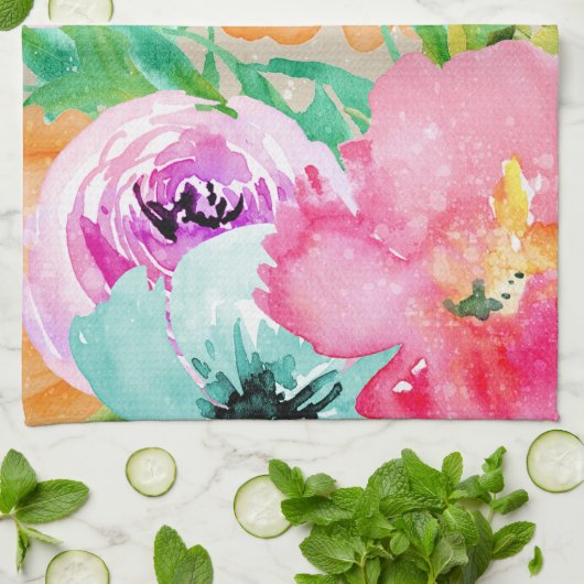 モダンで明るいカラフルな春の花の水彩画 キッチンタオル (折り畳み)