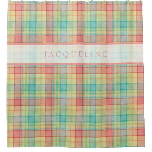 モダンで明るい色の格子縞の水彩画パターン名前 シャワーカーテン (正面)