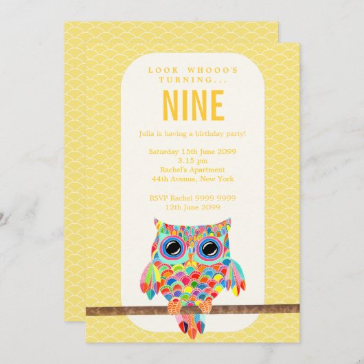モダンで明るい誕生会の虹のフクロウの招待 招待状 (正面/裏面)