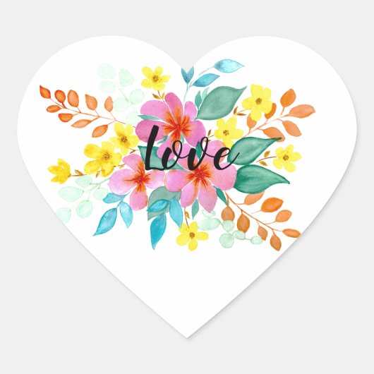 モダンで明るく幸せな水彩フラワーデザイン ハートシール (正面)