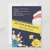 モダンで楽しいボウリングの子供パーティー 招待状 (正面)