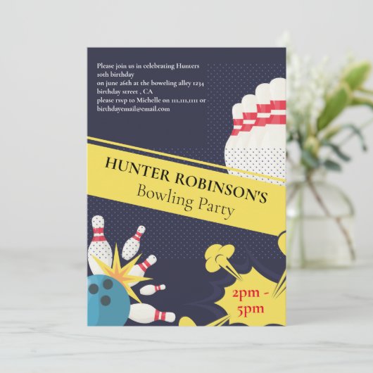 モダンで楽しいボウリングの子供パーティー 招待状 (スタンド正面)