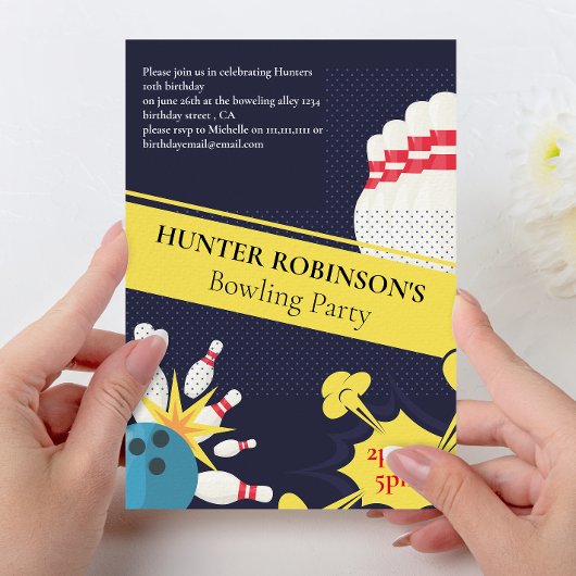 モダンで楽しいボウリングの子供パーティー 招待状
