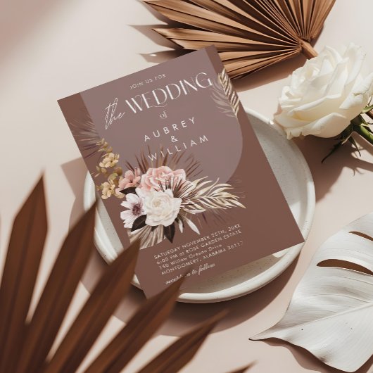 モダンで洗練されたボヘミアンチックな水彩花イラストのウェディング 招待状