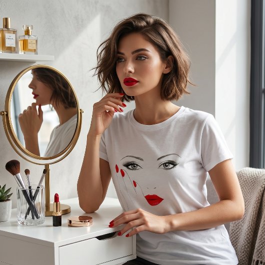 モダンで洗練された芸術的センスが光る、赤い唇とネイルのミニマルアート Tシャツ