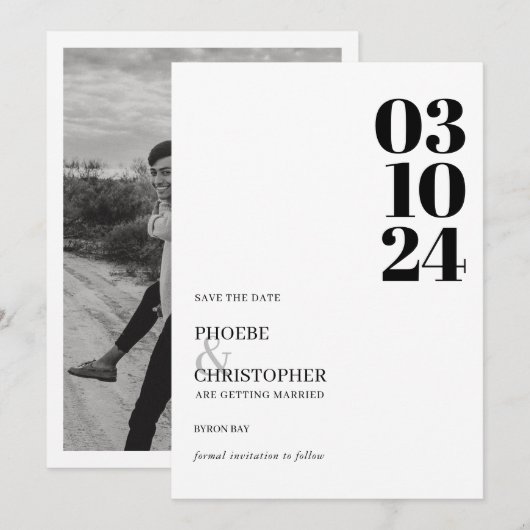 モダンで現代的な日付写真の結婚式 招待状 (正面/裏面)